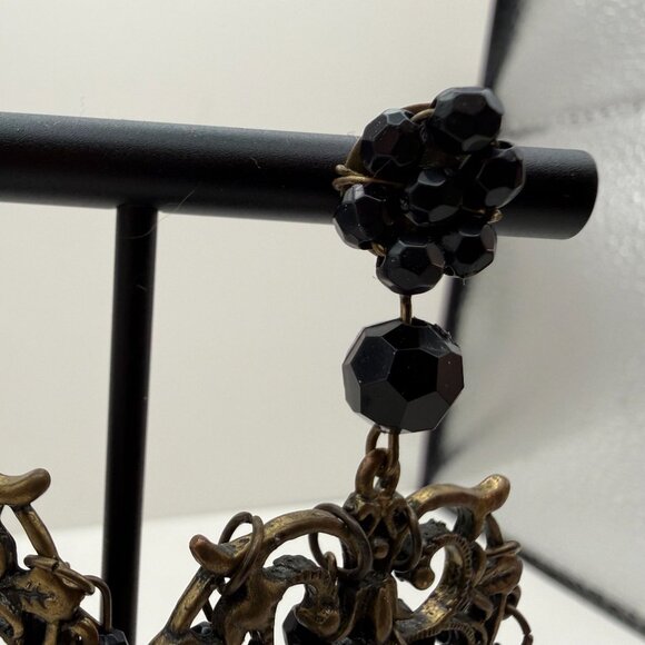 Vintage Black Beaded Chandelier Earrings Antiqued Brass Gothic Boho - Picture 5 of 8